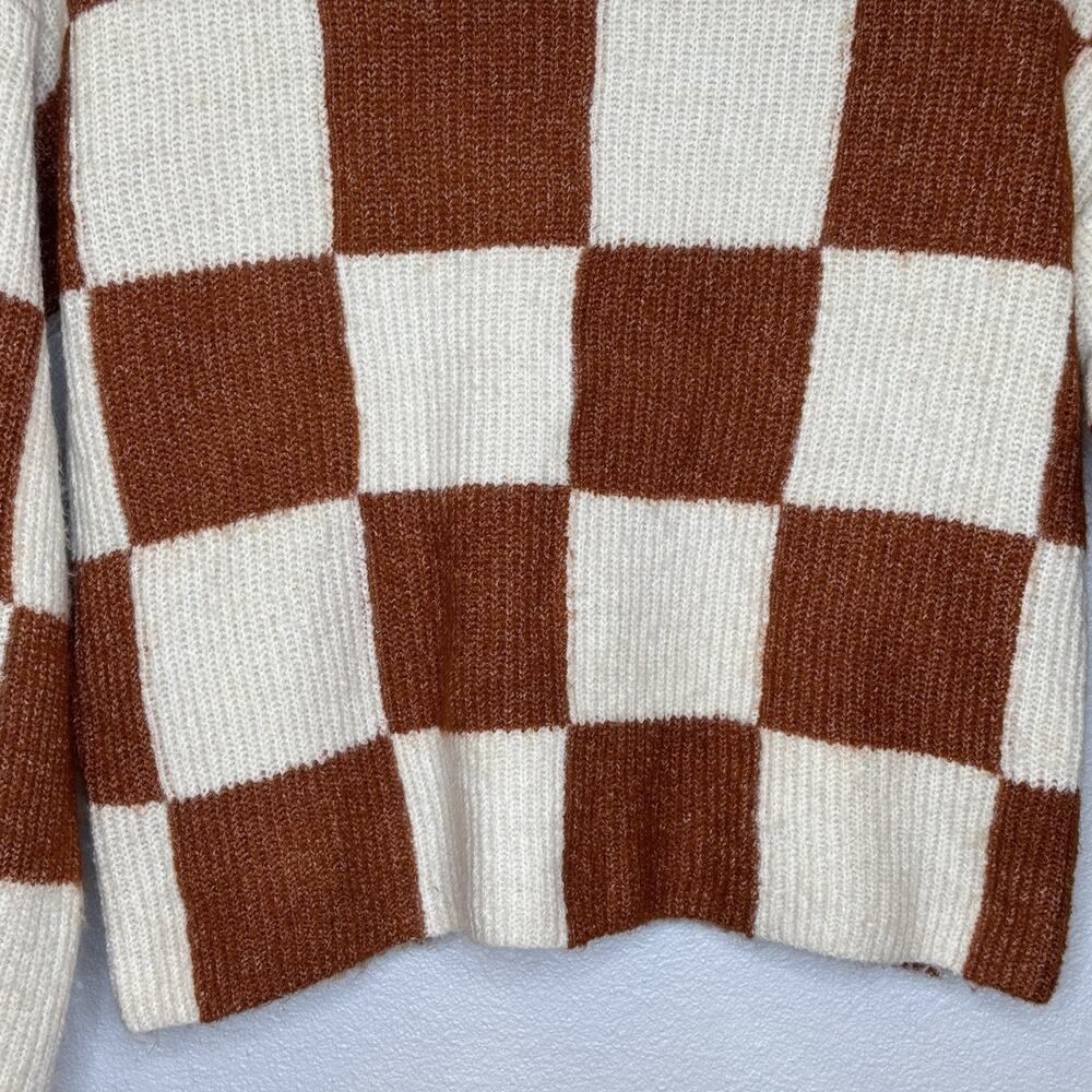 Pink Lily Crewneck Oversized Sweater Sz Small Cream Rust Check Long Bell Sleeve - Picture 4 of 8